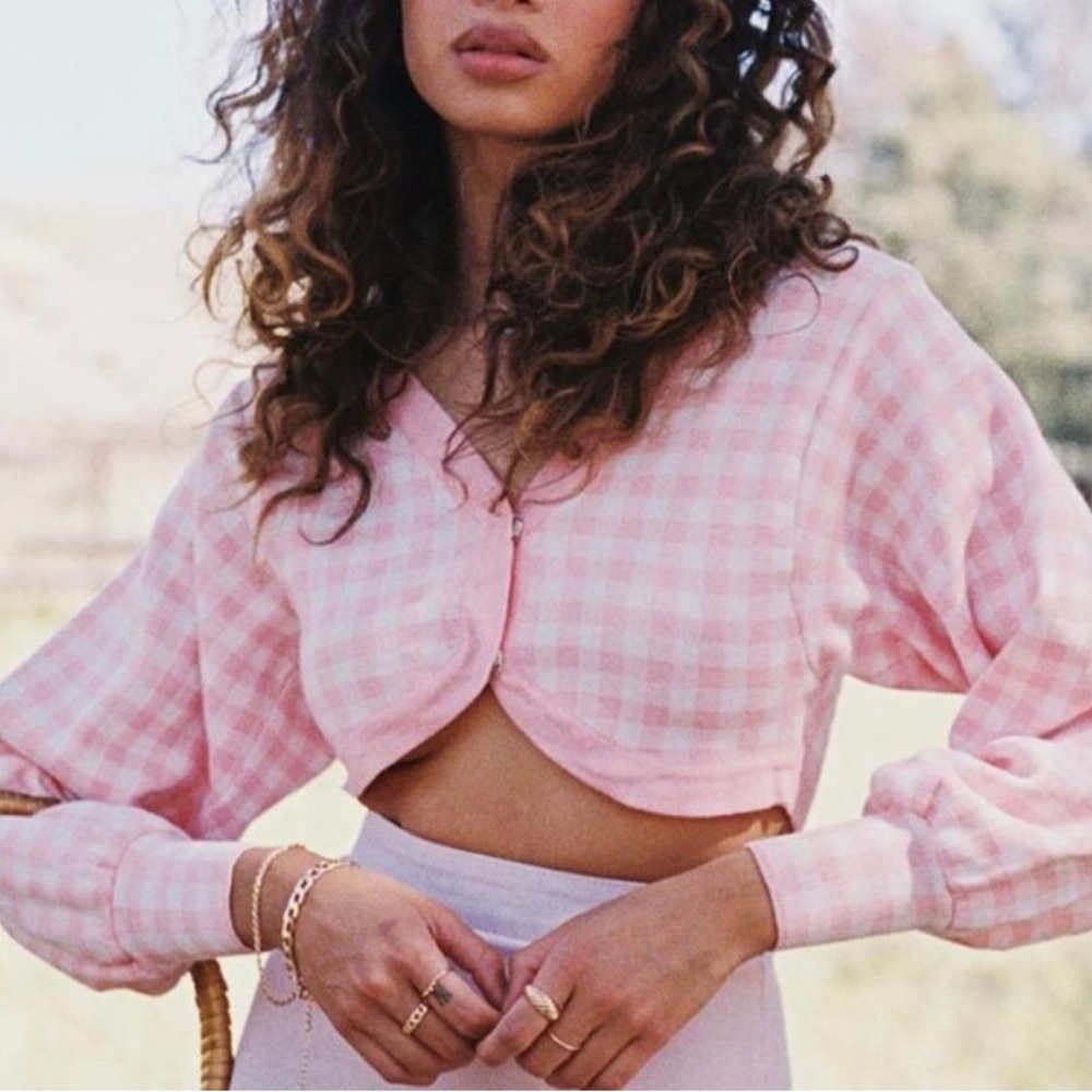 Princess Polly plaid pink gingham cropped cardigan XS/S